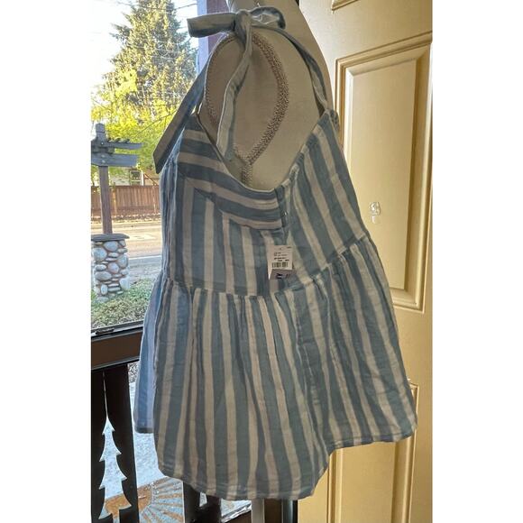 Old Navy Blue and White Striped Sleeveless Top with Tie at Shoulder Ruched Back - Picture 2 of 4